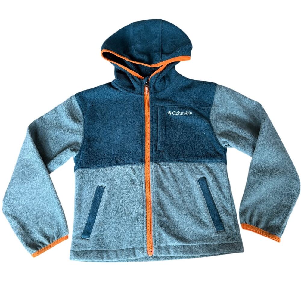 Columbia Boys Full Zip Fleece Hoodie Size S (8) Teal Sage Orange Colorblock